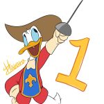 1:1 2018 4_fingers anatid anseriform anthro avian beak bird blue_sclera clothing disney donald_duck duck gloves hand_on_hip harara hat headgear headwear hi_res holding_object holding_weapon looking_up melee_weapon open_mouth open_smile red_clothing sabre_(weapon) signature simple_background smile solo the_three_musketeers_(disney) weapon white_background yellow_beak 