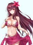  1girl :d alternate_costume bikini bracelet breasts cleavage collarbone fate/grand_order fate_(series) flower hair_flower hair_intakes hair_ornament hand_on_own_chest hibiscus highres jewelry kunai large_breasts lifted_by_self long_hair looking_at_viewer navel open_mouth pink_bikini purple_bikini purple_hair purple_sarong red_eyes sarong scathach_(fate)_(all) scathach_(fate/grand_order) scathach_(swimsuit_assassin)_(fate) simple_background smile smile_(dcvu7884) solo swimsuit underboob weapon white_background 