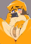  absurd_res anus bandage berseepon09 breasts camera canid canine canis countershading covering_pussy dog_(berseepon09) domestic_dog female fur hi_res looking_at_viewer mammal nipples orange_fur phone purple_eyes pussy short_stack small_breasts solo sweat tan_countershading tan_fur 