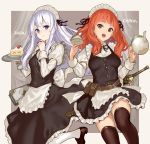  2girls alternate_costume belt belt_pouch book cake celica_(fire_emblem) character_name circlet closed_mouth cup fire_emblem fire_emblem:_seisen_no_keifu fire_emblem_echoes:_mou_hitori_no_eiyuuou food hiyashiru holding holding_plate holding_teapot long_hair long_sleeves maid maid_headdress multiple_girls nintendo open_mouth plate pouch purple_eyes purple_hair red_eyes red_hair scabbard sheath sheathed slice_of_cake smile sword teacup teapot thighhighs weapon white_legwear yuria_(fire_emblem) 