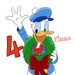  1:1 2018 4_fingers anatid anseriform anthro avian beak bird blue_clothing blue_sclera bottomless christmas clothed clothing disney donald_duck duck harara hat headgear headwear hi_res holidays open_mouth open_smile scarf signature simple_background smile solo white_background wreath yellow_beak 