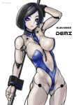  1girl aegis_(nerocc) android black_hair blue_lips blue_ribbon breasts demi_(subverse) highres navel nude pole purple_eyes pussy ribbon robot_joints subverse 