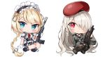  2girls assault_rifle bangs beret black_footwear black_hairband black_legwear black_skirt blonde_hair blue_eyes blush boots braid breasts brown_footwear brown_skirt chibi closed_mouth eyebrows_visible_through_hair frilled_hairband frilled_skirt frills g36_(girls_frontline) g36c_(girls_frontline) girls_frontline gloves grey_jacket gun h&amp;k_g36 h&amp;k_g36c hair_over_one_eye hairband hat jacket knee_boots long_hair long_sleeves multiple_girls narae object_namesake over-kneehighs pleated_skirt puffy_short_sleeves puffy_sleeves red_eyes red_headwear red_neckwear rifle shirt shoe_soles short_sleeves side_braid silver_hair simple_background single_braid skirt small_breasts smile thighhighs very_long_hair weapon white_background white_gloves white_shirt 