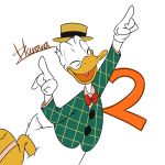  1:1 2018 anatid anseriform anthro avian beak bird bow_tie clothing disney donald_duck duck eyes_closed green_clothing happy harara hi_res open_mouth open_smile pork_pie_hat signature simple_background smile solo webbed_feet white_background yellow_beak 