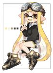 1girl arm_between_legs bangs black_border black_shorts black_sweater blonde_hair blunt_bangs border brown_footwear collared_shirt color_guide domino_mask fangs full_body goggles goggles_on_head gym_shorts high_tops inkling light_blush long_hair long_sleeves looking_at_viewer maco_spl mask open_mouth pointy_ears shirt short_shorts shorts single_vertical_stripe sitting smile splatoon splatoon_(series) splatoon_2 straight-laced_footwear sweater tentacle_hair v v-shaped_eyebrows very_long_hair white_background white_shirt yellow_eyes yellow_tongue 