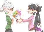  +_+ 2girls aori_(splatoon) black_hair bouquet brown_eyes casual chinese_commentary commentary_request cropped_torso domino_mask earrings eyebrows_visible_through_hair eyes_closed facing_another fang flower from_side gradient_hair green_hair green_sweater grey_hair hands_together highres holding holding_bouquet hotaru_(splatoon) jewelry long_hair long_sleeves looking_at_another madaga_(animaofmoon) mask mole mole_under_eye multicolored_hair multiple_girls no_headwear notice_lines open_mouth pink_shirt pointy_ears presenting purple_hair red_ribbon ribbon shirt short_hair sleeves_rolled_up smile splatoon splatoon_(series) splatoon_1 standing surprised sweater tentacle_hair yuri 