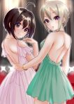  2girls ahoge backless_dress backless_outfit blue_dress blurry blurry_background bracelet brown_eyes brown_hair cowboy_shot dress eyebrows_visible_through_hair from_behind ginnote green_dress hair_between_eyes hair_intakes halterneck idolmaster idolmaster_cinderella_girls jewelry kohinata_miho looking_at_viewer looking_back multiple_girls necklace open_mouth pink_dress shiny shiny_hair shiomi_shuuko short_dress short_hair shoulder_blades shoulder_cutout silver_hair sleeveless sleeveless_dress smile sparkle standing 