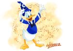  2018 4_fingers anatid anseriform anthro avian baton beak bird blue_clothing blue_sclera blue_shirt blue_topwear bottomless bow_tie clothed clothing disney disney_parks donald_duck duck fantasia feathers harara hat headgear headwear hi_res mickey&#039;s_philharmagic musical_note open_mouth open_smile shirt signature simple_background smile solo topwear webbed_feet white_feathers yellow_beak 
