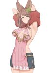  1girl absurdres animal_ears armpits arms_behind_head arms_up bangs black_skirt breasts brown_hair cleavage_cutout cowboy_shot erune eyebrows_visible_through_hair granblue_fantasy green_eyes hair_ornament half-closed_eyes highres impossible_clothes la_coiffe_(granblue_fantasy) large_breasts leaf_hair_ornament legs_together looking_at_viewer medium_hair miru_(wvjc7832) parted_lips puffy_sleeves short_sleeves simple_background skirt solo standing swept_bangs tareme turtleneck white_background 