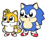 2boys :o antenna_hair bkub fur gloves male_focus multiple_boys multiple_tails no_humans nose red_footwear shoes simple_background sonic sonic_the_hedgehog tail tails_(sonic) two_tails white_background 