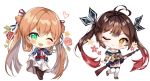  2girls ;) ;d antenna_hair bangs battle_rifle black_ribbon blue_jacket blue_skirt blush boots bow brown_eyes brown_footwear brown_hair brown_jacket brown_legwear chibi closed_mouth cross-laced_footwear cup dress eyebrows_visible_through_hair flower girls_frontline gloves gradient_hair gun hair_between_eyes hair_bow hair_ribbon hair_rings head_tilt heart holding holding_cup holding_gun holding_weapon jacket lace-up_boots loafers long_hair long_sleeves m14 m14_(girls_frontline) m1903_springfield_(girls_frontline) multicolored_hair multiple_girls narae object_namesake off_shoulder one_eye_closed open_mouth pink_flower pink_rose pleated_skirt red_flower red_hair red_rose ribbon rifle rose shirt shoes simple_background skirt smile standing standing_on_one_leg striped striped_bow teacup thigh_boots thighhighs twintails very_long_hair weapon white_background white_dress white_gloves white_legwear white_shirt 