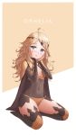  1girl absurdres ahoge awan97 blonde_hair blue_eyes blush breasts cape center_opening character_name closed_mouth covered_navel fire_emblem fire_emblem_if full_body hands_on_own_face highres long_hair looking_at_viewer nintendo ophelia_(fire_emblem_if) simple_background sitting small_breasts smile solo 