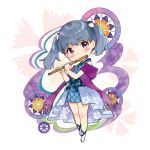  1girl bangs bare_shoulders blue_dress blue_hair blush character_request cherry_blossom_print chibi closed_mouth dress eyebrows_visible_through_hair floral_print flute hair_ornament head_tilt holding holding_instrument instrument looking_at_viewer lowres miyabi_akino music nadeshiko_doremisora playing_instrument pleated_dress purple_eyes purple_scarf scarf short_hair short_twintails sleeveless sleeveless_dress smile solo twintails 