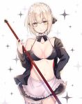  1girl apron artoria_pendragon_(all) artoria_pendragon_(swimsuit_rider_alter) bangs bare_shoulders bikini_top black_bikini_top black_bow black_jacket black_skirt bow breasts closed_mouth collarbone cowboy_shot eyebrows_visible_through_hair fate/grand_order fate_(series) fingernails frilled_apron frilled_bikini_top frilled_skirt frills groin hair_between_eyes hair_bow hand_on_hip highres jacket light_brown_hair maid_bikini maid_day maid_headdress medium_breasts navel off_shoulder open_clothes open_jacket short_hair sidelocks simple_background skirt sofra solo sparkle waist_apron white_apron white_background yellow_eyes 