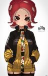  1girl artist_name black_hoodie black_legwear brown_eyes closed_mouth clothes_writing cowboy_shot garter_straps hands_in_pockets high_collar highres inkling_(language) kashu_(hizake) long_sleeves looking_at_viewer octarian octoling pointy_ears red_hair shiny shiny_hair short_eyebrows short_hair sidelocks simple_background solo splatoon splatoon_(series) splatoon_2 splatoon_2:_octo_expansion standing suction_cups tentacle_hair thighhighs unzipped v-shaped_eyebrows white_background yellow_hoodie zipper_pull_tab 