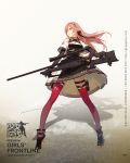  1girl ask_(askzy) black_gloves boots breasts character_request cleavage cleavage_cutout closed_mouth dress girls_frontline gloves gluteal_fold green_eyes gun hair_ribbon hairband high_heel_boots high_heels highres long_hair medium_breasts official_art pink_hair red_legwear ribbon rifle smile sniper_rifle solo standing thigh_pouch thighhighs weapon 