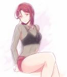  1girl black_bra blush bra breasts brown_hair cleavage eyebrows_visible_through_hair hair_between_eyes hair_ornament hairclip hzk invisible_chair long_hair long_sleeves looking_at_viewer love_live! love_live!_sunshine!! medium_breasts red_shorts sakurauchi_riko see-through short_shorts shorts simple_background sitting smile solo sports_bra underwear white_background yellow_eyes 
