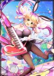  1girl :d animal_ears balloon blonde_hair blue_sky braid breasts bunny_ears bunnysuit card_(medium) cloud confetti instrument jumping keyboard_(instrument) large_breasts multicolored_hair official_art open_mouth shinkai_no_valkyrie sky smile twin_braids twintails two-tone_hair uro_(oolong) yellow_eyes 
