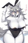 amber_eyes anthro areola areola_slip big_breasts black_clothing bow_tie breasts canid canine canis cheek_tuft chest_tuft cleavage clothed clothing eyebrow_through_hair eyebrows fake_ears female fur grey_fur hair high-angle_view japanese_text kemono leotard looking_at_viewer looking_up mammal navel raised_arm saigi sgsix simple_background sitting sweat sweatdrop text thick_thighs translucent translucent_hair tuft white_background white_fur wide_hips wolf wrist_cuff 