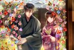  1boy 1girl black_hair blurry blurry_background book bow brown_hair day eyes_closed fan folding_fan glasses hair_bow hand_up hetero highres izumi_(stardustalone) japanese_clothes kimono long_hair looking_at_another original outdoors pink_kimono renri_no_chigiri_wo_kimi_to_shiru smile standing upper_body wide_sleeves 