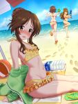  &gt;_&lt; 3girls :d arm_support ball barefoot beach beach_towel beach_umbrella beachball bikini blush bottle bow breasts brown_eyes brown_hair cleavage cloud collarbone commentary_request day erect_nipples floral_print footprints frilled_bikini frills full_body green_jacket hair_bow hair_bun hair_ornament hair_scrunchie halter_top halterneck high_ponytail highres hino_akane_(idolmaster) honda_mio idolmaster idolmaster_cinderella_girls jacket kezune_(i-_-i) large_breasts long_hair long_sleeves looking_at_viewer medium_breasts multiple_girls navel ocean open_clothes open_jacket open_mouth orange_bikini outdoors ponytail sand sandals sandals_removed scrunchie short_hair sitting sky small_breasts smile standing stomach swimsuit takamori_aiko towel umbrella water water_bottle water_gun xd yellow_bikini 