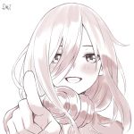  1girl blush commentary_request da-cart go-toubun_no_hanayome grin hair_between_eyes headphones headphones_around_neck highres long_hair monochrome nakano_miku outstretched_hand pointing_finger signature smile 
