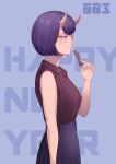  1girl 2018 blue_background blue_skirt closed_mouth collared_shirt eyebrows fate/grand_order fate_(series) from_side happy_new_year horns joe_(j_studio) looking_away nengajou new_year purple_eyes purple_hair purple_shirt shirt short_hair shuten_douji_(fate/grand_order) simple_background skirt sleeveless solo 