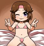  1girl brown_hair cameltoe commentary_request hiru_made_ne-tarou hokuto_no_ken looking_at_viewer short_hair solo swimsuit 