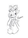  2018 3:4 anatid anseriform anthro avian beak bird clothed clothing daisy_duck disney duck female greyscale guide_lines hair_bow hair_ribbon harara hi_res looking_aside monochrome ribbons signature simple_background sketch smile solo white_background 