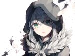  1girl bangs blush cloak commentary_request fate/grand_order fate_(series) feather_trim feathers gray_(lord_el-melloi_ii) green_eyes hair_between_eyes hiyunagi hood hooded_cloak looking_at_viewer open_mouth shaded_face short_hair silver_hair solo tareme 