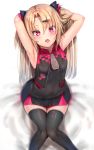  1girl :o akatsuki_yuni armpits arms_behind_head arms_up bangs bare_arms bare_shoulders black_dress black_legwear black_vest blonde_hair blush breasts cropped_vest dress fangs feet_out_of_frame hair_ornament hairclip hands_in_hair highres knees_together_feet_apart long_hair looking_at_viewer open_mouth parted_bangs pink_eyes reinama sitting sleeveless small_breasts solo thigh_gap thighhighs two_side_up uni_channel vest virtual_youtuber white_background zettai_ryouiki zipper zipper_pull_tab 