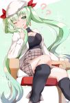  1girl ;9 ? absurdres bangs black_shirt blush boots breasts brown_footwear brown_skirt casual chair cleavage earrings eyebrows_visible_through_hair girls_frontline green_eyes green_hair grey_legwear hair_ribbon head_tilt highres hoop_earrings jacket jewelry kneehighs long_hair long_sleeves looking_at_viewer medium_breasts micro_uzi_(girls_frontline) one_eye_closed open_clothes open_jacket red_ribbon ribbon shirt shorts signature simple_background sitting skirt sleeve_cuffs smile solo tongue tongue_out twintails very_long_hair white_background white_headwear white_jacket winterfall_(artenh) 