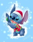  2018 4_fingers 4_toes alien blue_background blue_claws blue_eyes blue_fur blue_nose bottomless chest_tuft christmas christmas_ornament claws clothed clothing disney experiment_(species) fur harara hat hawaiian_shirt headgear headwear hi_res hidden_mickey holding_object holidays lilo_and_stitch notched_ear open_mouth open_smile santa_hat shirt signature simple_background small_tail smile snowflake solo stitch toes topwear tuft 