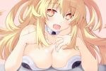  1girl bare_shoulders blonde_hair blush breasts cleavage collar eyebrows_visible_through_hair fang hands_on_own_chest iwasi-r kami_jigen_game_neptune_v large_breasts long_hair neptune_(series) open_mouth orange_eyes power_symbol smile solo symbol-shaped_pupils yellow_heart 