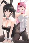  2girls :d :o all_fours animal_ears bangs bare_arms bare_shoulders black_bunny_ears black_eyes black_footwear black_hair black_hairband black_legwear black_leotard black_neckwear blush bow bowtie breasts bunny_ears bunnysuit cleavage collarbone covered_navel detached_collar eyebrows_visible_through_hair fake_animal_ears female flower hair_between_eyes hair_flower hair_ornament hairband high_heels highres kfr kneeling large_breasts leotard long_hair looking_at_viewer medium_breasts mole mole_on_breast mole_under_eye multiple_girls neck open_mouth original pantyhose pink_eyes pink_hair red_eyes red_flower red_neckwear red_rose rose sidelocks smile thighband_pantyhose twintails very_long_hair white_bunny_ears white_hairband white_leotard wrist_cuffs 