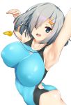  1girl alternate_costume ass blue_eyes blush breasts c@rbon competition_swimsuit erect_nipples eyebrows_visible_through_hair eyes_visible_through_hair hair_ornament hamakaze_(kantai_collection) kantai_collection large_breasts looking_at_viewer one-piece_swimsuit open_mouth short_hair silver_hair solo swimsuit 