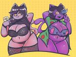  2019 4:3 4_fingers anthro belly big_breasts black_clothing black_hair black_shirt black_topwear blush bottomwear bra breast_spill breasts camera_flash catti_(deltarune) catty_(undertale) cellphone cleavage clothed clothing deep_navel deltarune digital_media_(artwork) domestic_cat duo ear_piercing felid feline felis female fish_net footprint front_view fur hair hawaiian_shirt hi_res legwear looking_at_viewer mammal multicolored_hair navel open_mouth overweight overweight_female panties partially_clothed pawprint peace_sign_(disambiguation) phone piercing pose purple_eyes purple_fur shirt sibling simple_background sister sisters slightly_chubby smile stockings sweater_pups thick_thighs thigh_highs topwear two_tone_hair undertale underwear video_games voluptuous white_fur white_pupils wide_hips 