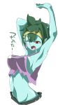  1girl armpits arms_up bare_arms breasts gokuu_(acoloredpencil) green_hair green_skin hairband highres large_breasts midriff navel one_eye_closed open_mouth red_eyes rottytops shantae_(series) short_hair solo stomach tank_top yawning yellow_hairband zombie 
