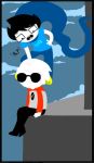  black_hair clothed clothing cloud digital_media_(artwork) duo enookie eyewear floating glasses hair hand_on_head homestuck human humanoid john_egbert ledge male mammal ms_paint_adventures not_furry open_mouth outside pants shirt sitting sky sunglasses tongue topwear webcomic white_hair 