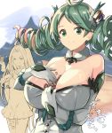  2girls ahoge antenna_hair arao bangs bare_shoulders bow breasts choker cleavage collarbone commentary_request cowboy_shot curly_hair de_la_fille dress dress_pull drill_hair elbow_gloves eyes_closed flat_chest fur_collar gem gloves gradient_hair granblue_fantasy green_eyes green_hair hair_bow hair_intakes hair_ornament jewelry large_breasts long_hair looking_at_viewer lyria_(granblue_fantasy) monochrome motion_lines multicolored_hair multiple_girls off_shoulder short_dress smile smug streaked_hair swept_bangs translation_request twin_drills twintails upper_body very_long_hair white_dress 
