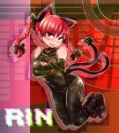  1girl :p animal_ears bangs bare_shoulders black_bodysuit black_bow black_footwear black_gloves blush bodysuit bow braid breasts cat_ears cat_tail character_name cleavage cleavage_cutout commentary_request elbow_gloves eyebrows_visible_through_hair full_body gloves hair_between_eyes hair_bow head_tilt kaenbyou_rin long_hair looking_at_viewer medium_breasts multiple_tails nekomata red_eyes red_hair shimizu_pem shoes silhouette sleeveless smile solo tail tail_bow thighs tongue tongue_out touhou twin_braids twintails two_tails 
