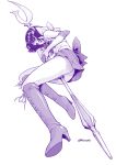  1girl ass back_bow bishoujo_senshi_sailor_moon boots bow choker circlet commentary_request elbow_gloves eyebrows_visible_through_hair full_body gloves holding holding_spear holding_weapon jewelry kouda_tomohiro leotard long_hair monochrome open_mouth pleated_skirt polearm purple_theme sailor_collar sailor_saturn sailor_senshi_uniform short_hair signature silence_glaive skirt solo spear tomoe_hotaru weapon 