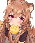 1girl animal_ear_fluff animal_ears bangs bread brown_hair commentary english_commentary eyebrows_visible_through_hair food food_in_mouth hair_between_eyes hitsukuya long_hair looking_at_viewer melon_bread mouth_hold raccoon_ears raphtalia red_eyes simple_background solo tate_no_yuusha_no_nariagari white_background 
