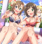  3girls bangs bikini blonde_hair blue_eyes blush breasts brown_hair commentary_request fang green_eyes haruki_(haruki678) highres idolmaster idolmaster_cinderella_girls idolmaster_cinderella_girls_starlight_stage jougasaki_rika large_breasts looking_at_viewer maekawa_miku medium_breasts multiple_girls one_eye_closed open_mouth poolside short_hair sitting smile swimsuit tada_riina v yellow_eyes 