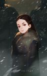  1girl a_song_of_ice_and_fire artist_name brown_eyes brown_hair coat daible fur_trim game_of_thrones highres long_hair lyanna_mormont snowing solo 