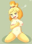  2019 absurd_res animal_crossing anthro black_nose blonde_hair blush breasts brown_eyes canid canine canis domestic_dog female foxteru fur hair hi_res isabelle_(animal_crossing) kneeling mammal navel nintendo nipples nude open_mouth pussy solo video_games yellow_fur 