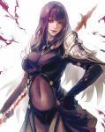  1girl breasts cleavage fate/grand_order fate_(series) hand_on_hip highres kaburagi_yasutaka large_breasts lipstick long_hair makeup navel polearm purple_hair purple_lipstick red_eyes scathach_(fate)_(all) scathach_(fate/grand_order) see-through shoulder_armor smile smirk solo spaulders spear standing weapon white_background 