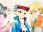  1girl 2boys black_hair blonde_hair blue_eyes creatures_(company) diamond_(pokemon) english_text game_freak gat green_scarf grin happy happy_birthday long_hair multiple_boys nintendo pearl_(pokemon) platinum_berlitz pokemon pokemon_special scarf smile traditional_media white_background white_scarf 