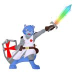  1:1 2018 5_fingers ambiguous_gender armor bag barefoot belt blue_eyes blue_fur chainmail clothed clothing cross cross_pattee fully_clothed fur gloves goldenbuckles grovsy hi_res hindpaw holding_object holding_weapon lutrine mammal medieval melee_weapon mustelid open_mouth paws raised_weapon shield simple_background solo sword templar weapon white_background 