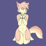  1:1 amber_eyes ayla_(helioeccentric~) canid canine dipstick_ears female fur handcuffs hi_res keishinkae kneeling mammal multicolored_ears nude pink_fur shackles solo 